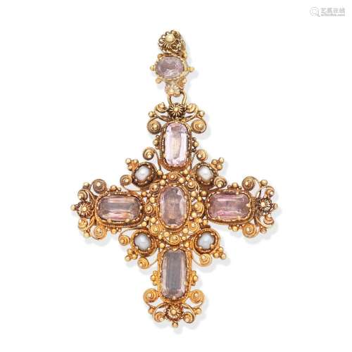 TOPAZ AND SEED PEARL CROSS PENDANT,
