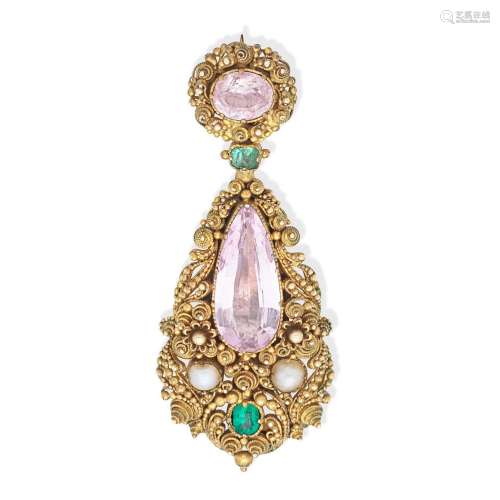 TOPAZ, EMERALD AND PEARL BROOCH,