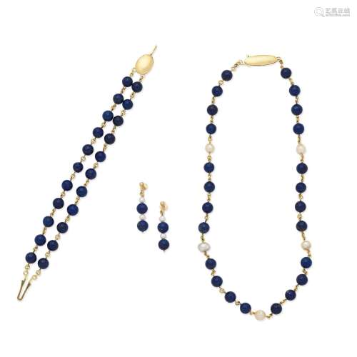 LAPIS LAZULI AND CULTURED PEARL BRACELET, NECKLACE AND EARRI...