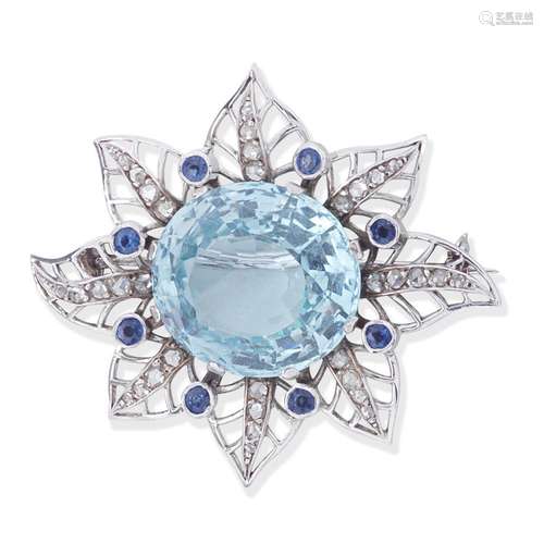 AQUAMARINE, DIAMOND AND SAPPHIRE BROOCH