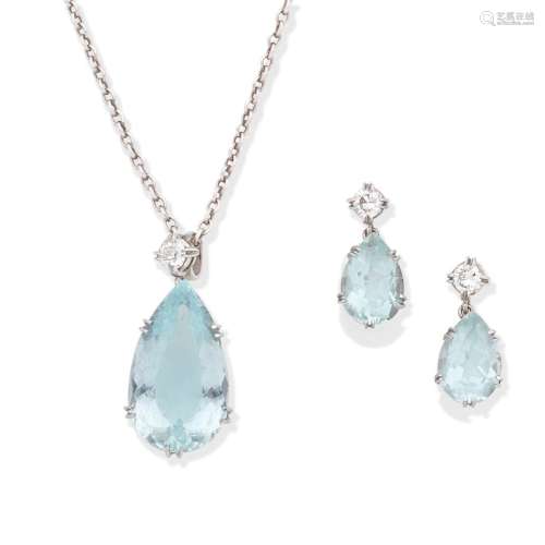 AQUAMARINE AND DIAMOND PENDANT/NECKLACE AND EARRINGS SUITE (...