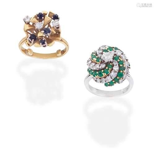 EMERALD AND DIAMOND CLUSTER RING, CIRCA 1960; SAPPHIRE AND D...