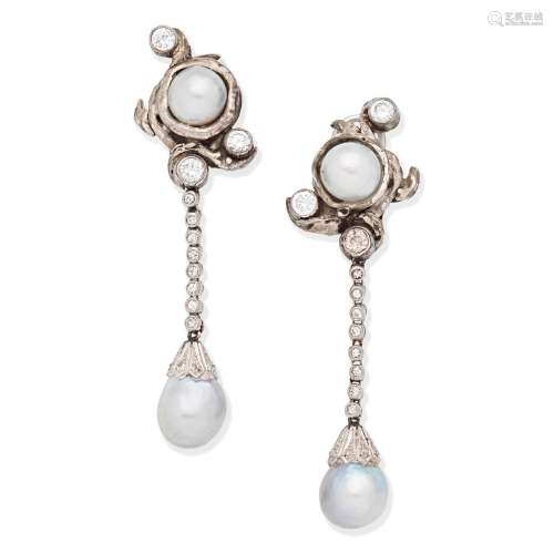 CULTURED PEARL AND DIAMOND PENDENT EARCLIPS