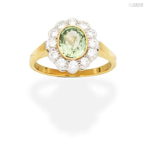 GREEN SAPPHIRE AND DIAMOND CLUSTER RING