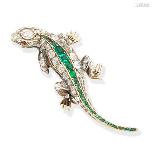 DIAMOND AND EMERALD SALAMANDER BROOCH,