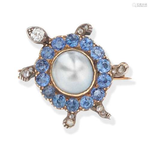 SAPPHIRE, DIAMOND AND BLISTER PEARL TURTLE BROOCH,