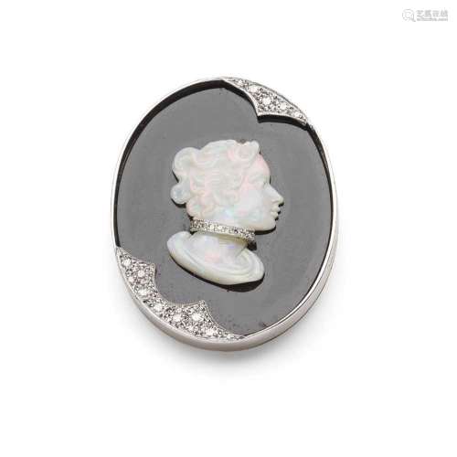 An opal, onyx and diamond cameo brooch