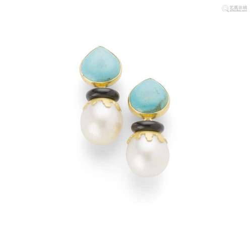 A pair of turquoise, onyx and cultured pearl pendent earring...