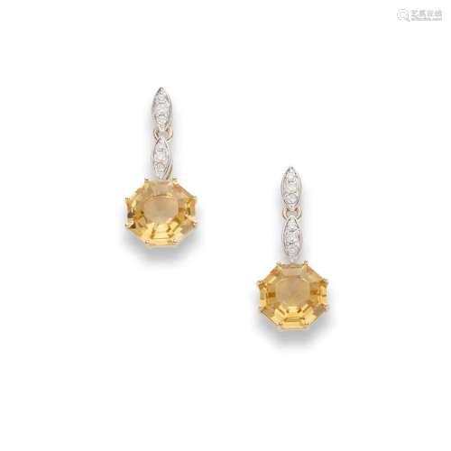 A pair of citrine and diamond pendent earrings