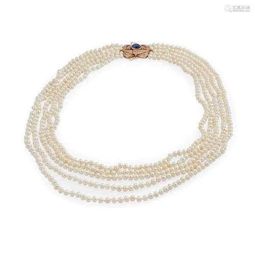 A pearl, sapphire and diamond necklace