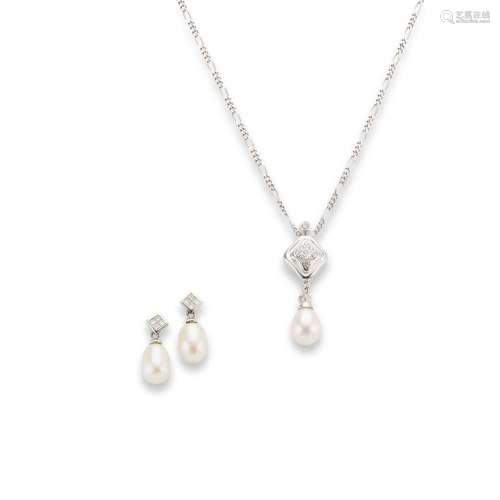 A cultured pearl and diamond pendant and matching earrings