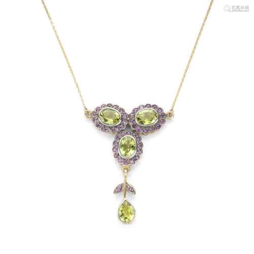 A peridot and amethyst pendant necklace