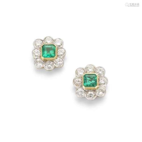 A pair of emerald and diamond cluster earrings
