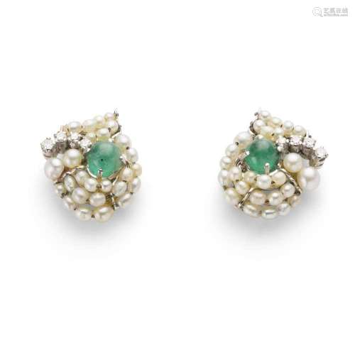 A pair of emerald, pearl and diamond earrings