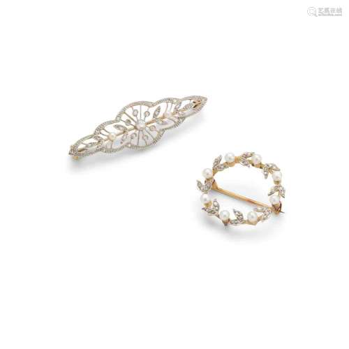 Two Belle Époque diamond and pearl brooches