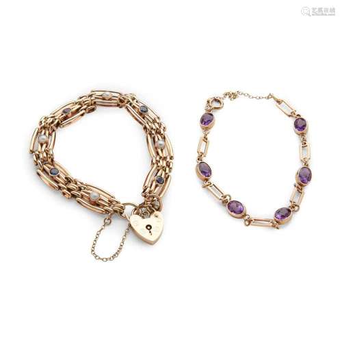 A sapphire and pearl gate-link bracelet