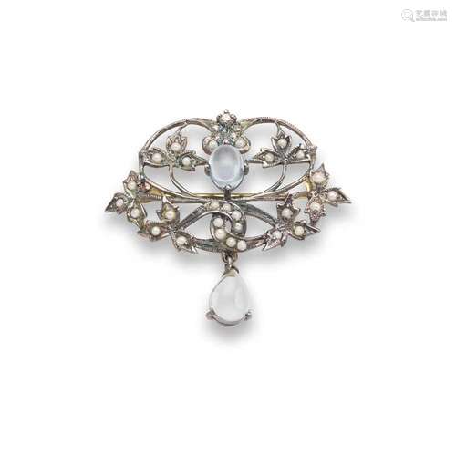 A blue topaz and seed pearl brooch