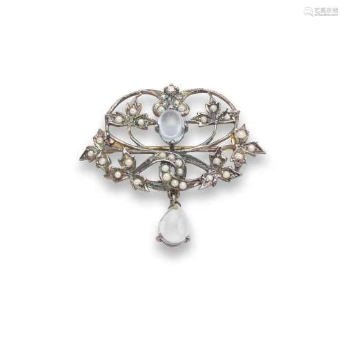 A blue topaz and seed pearl brooch