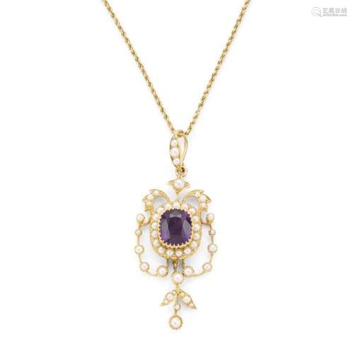 A late Victorian amethyst and seed pearl pendant