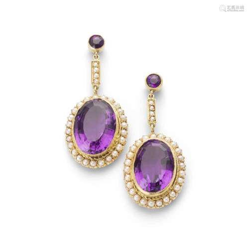 A pair of amethyst and seed pearl pendent earrings