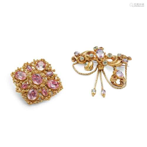 Two 19th-century chrysoberyl and pink topaz brooches
