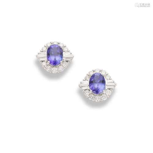 A pair of Tanzanite and diamond cluster earrings