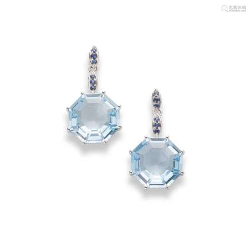 A pair of topaz and blue sapphire pendant earrings