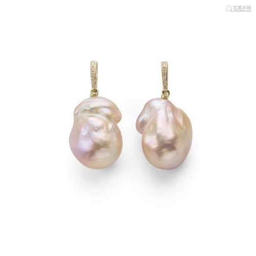 A pair of baroque pearl and diamond pendent earrings