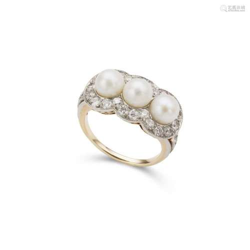 A pearl and diamond triple cluster ring