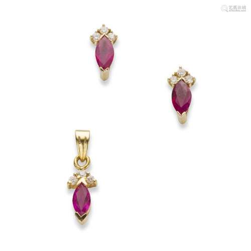 A pair of ruby and diamond earrings and a matching pendant
