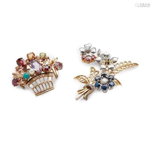 Two multi-gem set floral brooches