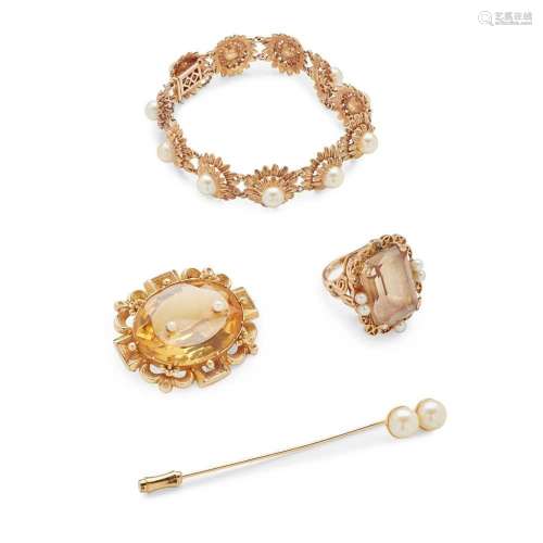 A collection of citrine and cultured pearl jewellery