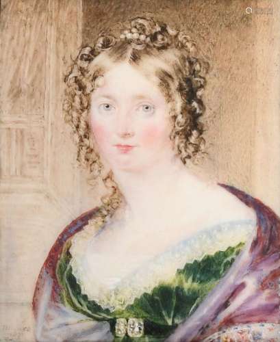λJames Holmes (1777-1860) Portrait miniature of a lady, wear...