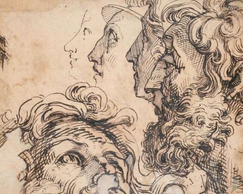 Italian School c. 1700 Study of heads in profile Pen and bro...