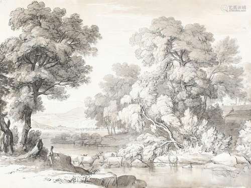 Circle of John White Abbott Landscape with figures resting b...