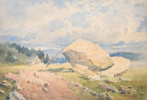 Alfred Slocombe (1847-1920) A shepherd and his flock passing...