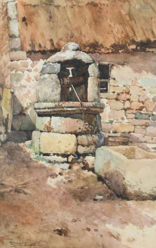 Walter Langley RI (1852-1922) A well outside a thatched cott...