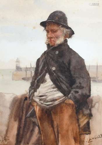 Walter Langley RI (1852-1922) Cornish fisherman in a harbour...