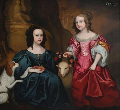 English School c.1650 Portrait of two sisters with a sheep a...