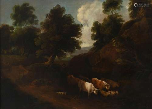 Follower of Thomas Gainsborough Wooded landscape with a peas...
