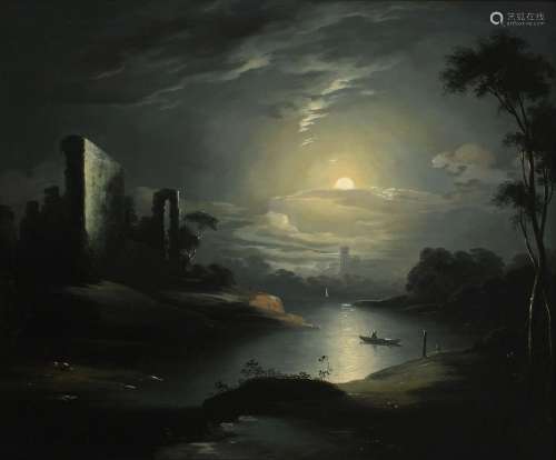Circle of Henry Pether Moonlit river landscape with a ruined...