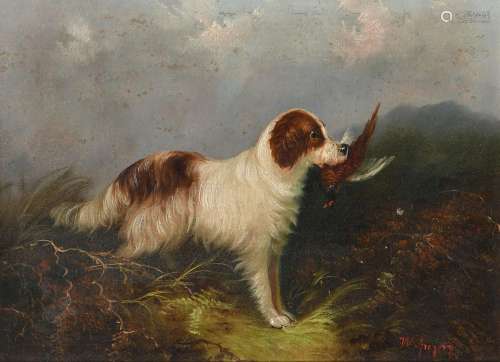 J. Langlois (c.1855-1904) A spaniel carrying a pheasant Sign...