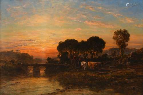 Thomas Danby (c.1818-1886) River landscape at sunset with fi...