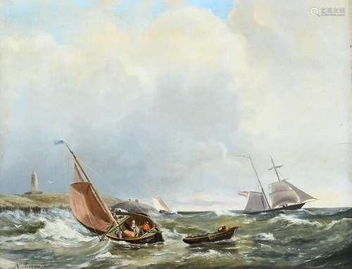 Nicholaas Riegen (Dutch 1827-1889) Shipping in choppy coasta...