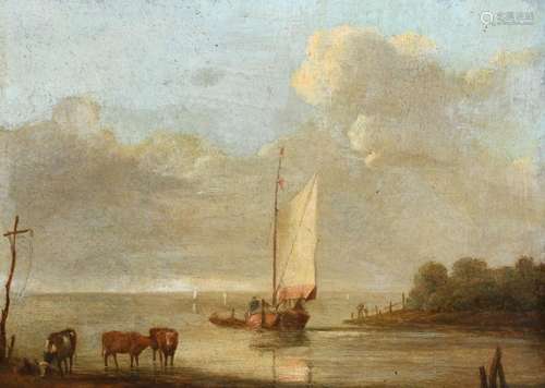 Dutch School 19th Century Landscape with a fishing boat and ...