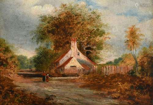 English School 19th Century Figures passing a cottage on Mor...