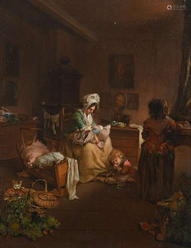 French School 1793 Interior with a mother and three children...