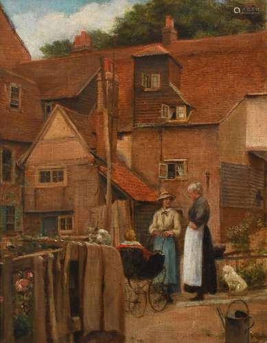 Joseph Clark ROI (1834-1926) Street scene with two women and...