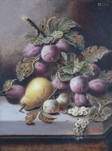 Oliver Clare (1853-1927) Still life with plums and a pear on...