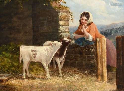 Edward Holmes (1841-1891) Watching the calves Signed E Holme...